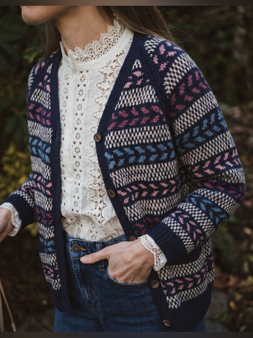 Handmade Cottagecore Knit Cardigan Sweater Oversized Multicolor Fair Isle Folk